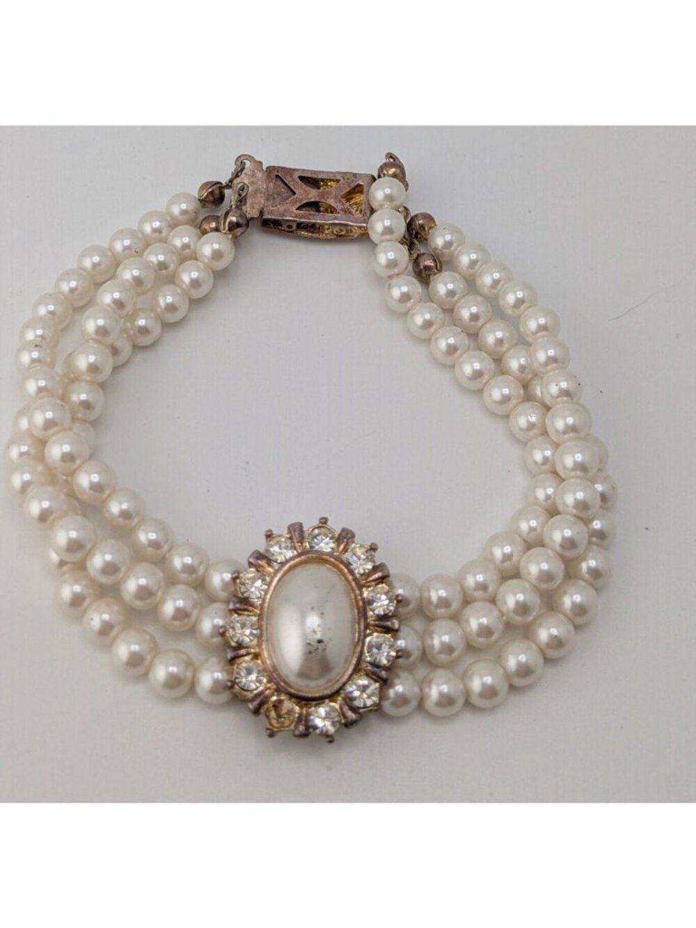 Vintage Faux Pearl Necklace Bracelet Set Rhinestone Victorian Elegance Jewelry - Picture 12 of 14